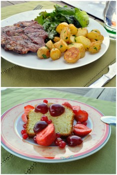 Côte de-porc, gâteau au yaourt et fruits rouges